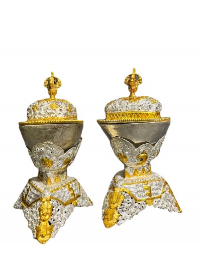 Buddhist Handmade Kapala Pair, [partly Gold Plated, Silver Plated]