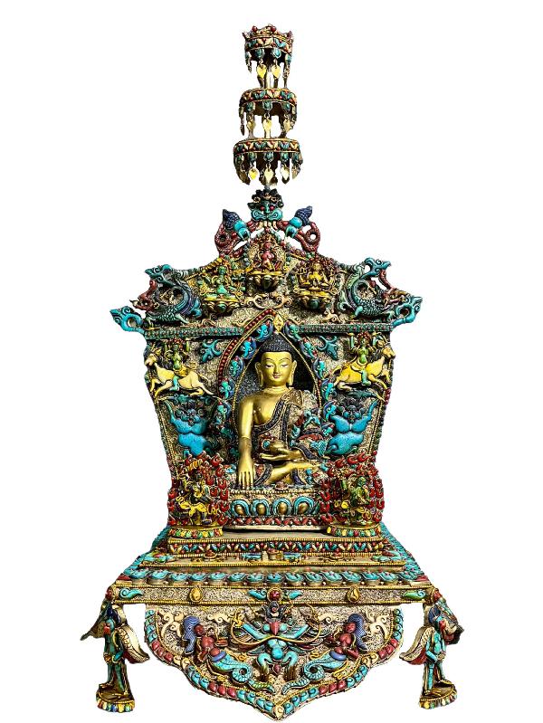Buddhist Statue Of Shakyamuni Buddha Sitting On A Throne, [full Electro Plated, Stone Setting]