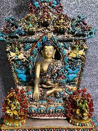 Buddhist Statue Of Shakyamuni Buddha Sitting On A Throne, [full Electro Plated, Stone Setting]
