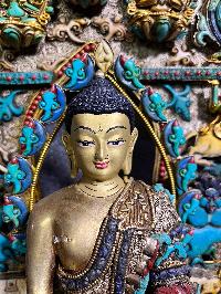 Buddhist Statue Of Shakyamuni Buddha Sitting On A Throne, [full Electro Plated, Stone Setting]