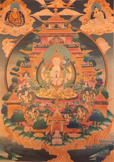 Buddhist Handmade Thangka Of Chenrezig, [hand Painted], [smoked Finishing]