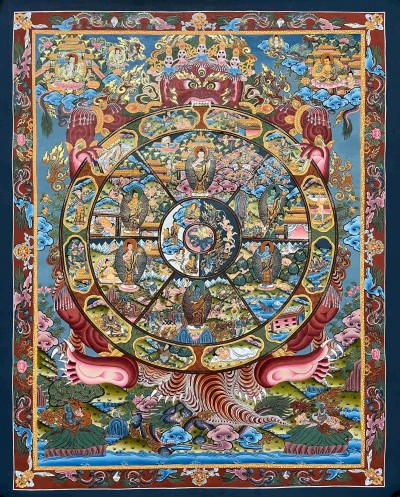 Buddhist Handmade Thangka Painting Of Wheel Of Life, [real Gold, Hand Painted]