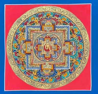 [hq], Buddhist Handmade Thangka Painting Of [tibetan Om] Mandala, [hand Painted], [student Mandala]