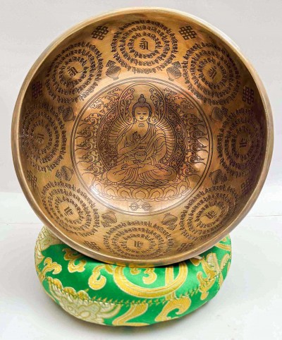 Buddhist Handmade [jambati] Singing Bowl With [amoghasiddhi Buddha] Design, [fine Carving]