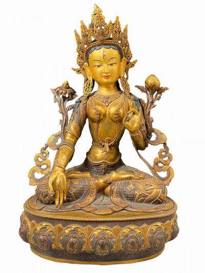 [master Quality], Buddhist Statue Of White Tara, [partly Gold Plated, Antique, Face Painted], [old Stock], [rare Find]