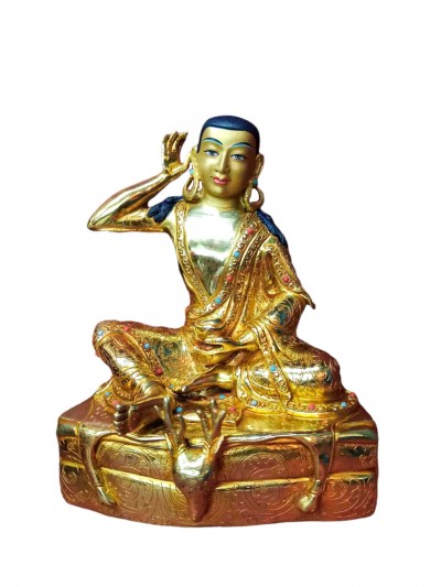 Buddhist Handmade Statue Of Milarepa, [full Gold Plated, Stone Setting, Face Painted]