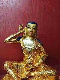 Buddhist Handmade Statue Of Milarepa, [full Gold Plated, Stone Setting, Face Painted]