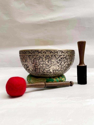 Buddhist Hand Beaten Singing Bowl, [ganesh] Design, [etching Carving], [select Accessories]