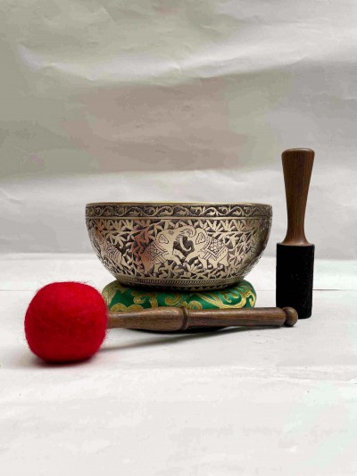 Buddhist Hand Beaten Singing Bowl, [elephant] Design, [etching Carving], [select Accessories]