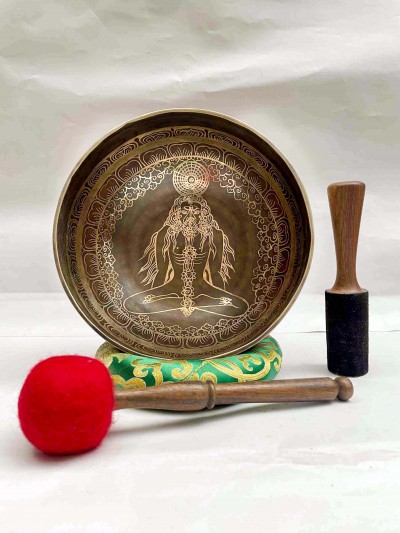 Buddhist Hand Beaten [jambati] Singing Bowl, With [yoga] Design [carving], [select Accessories]
