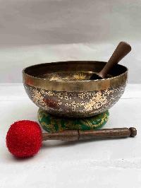 Buddhist Hand Beaten [jambati] Singing Bowl, With [yoga] Design [carving], [select Accessories]
