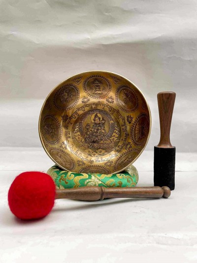 Buddhist Hand Beaten [jambati] Singing Bowl, With [green Tara] Design, [carving], [select Accessories]