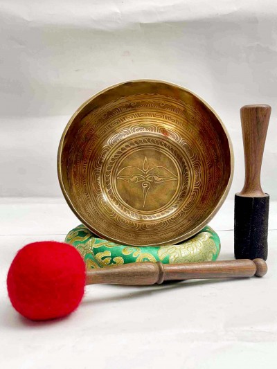 Buddhist Hand Beaten [jambati] Singing Bowl, With [buddha Eye] Design, [carving], [select Accessories]