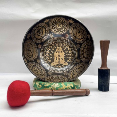 Buddhist Hand Beaten [jambati] Singing Bowl, With Yoga Design, [carving], [select Accessories]