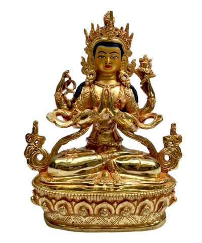 Buddhist Statue Of [chenrezig], Full Fire Gold Plated, With Painted Face
