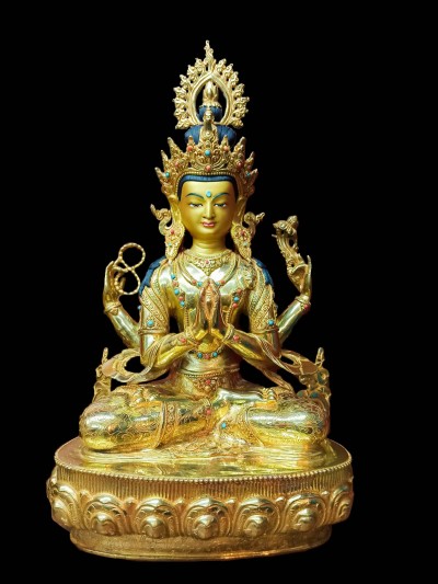 Buddhist Statue Of [chenrezig], [full Fire Gold Plated, Face Painted, Stone Setting]