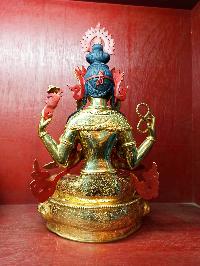 Buddhist Statue Of [chenrezig], [full Fire Gold Plated, Face Painted, Stone Setting]