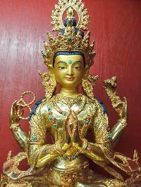 Buddhist Statue Of [chenrezig], [full Fire Gold Plated, Face Painted, Stone Setting]