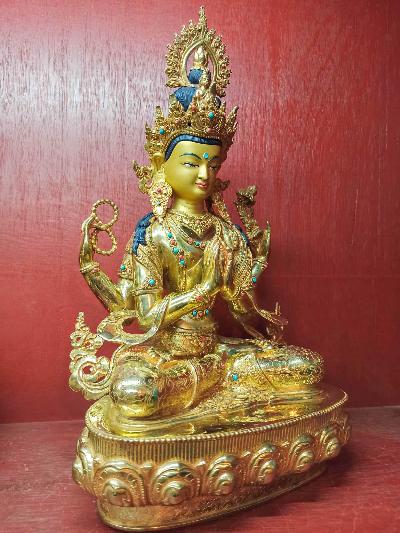 Buddhist Statue Of [chenrezig], [full Fire Gold Plated, Face Painted, Stone Setting]