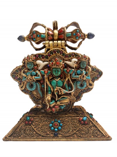[master Quality], Ghau Box, With Green Tara, Naga Kanya And [amitabha Buddha And Kalachakra Mantra Inside], Siku Design, Gold Plated, Turquoise, Coral And Lapis