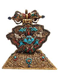 [master Quality], Ghau Box, With Green Tara, Naga Kanya And [amitabha Buddha And Kalachakra Mantra Inside], Siku Design, Gold Plated, Turquoise, Coral And Lapis