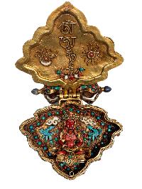 [master Quality], Ghau Box, With Green Tara, Naga Kanya And [amitabha Buddha And Kalachakra Mantra Inside], Siku Design, Gold Plated, Turquoise, Coral And Lapis