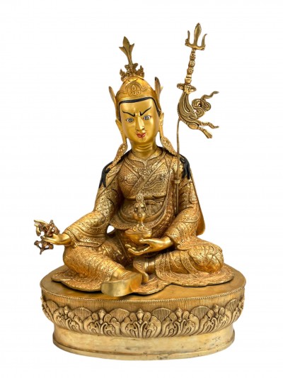Buddhist Handmade Statue Of Padmasambhava, [full Gold Plated, Face Painted]