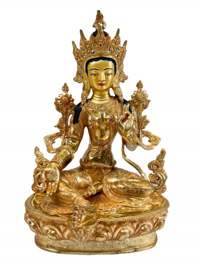 Buddhist Handmade Statue Of Green Tara, [full Gold Plated, Stone Setting, Face Painted]