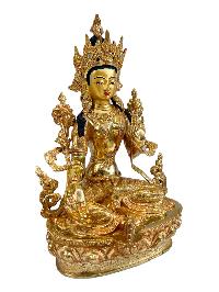Buddhist Handmade Statue Of Green Tara, [full Gold Plated, Stone Setting, Face Painted]