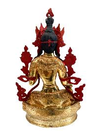Buddhist Handmade Statue Of Green Tara, [full Gold Plated, Stone Setting, Face Painted]