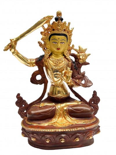 Buddhist Handmade Statue Of Manjushri, [partly Gold Plated, Face Painted]