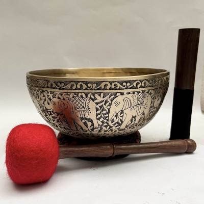 Buddhist Hand Beaten [jambati] Singing Bowl, [old], Antique, [elephant] Design, [select Accessories]