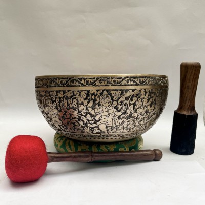 Buddhist Hand Beaten [jambati] Singing Bowl, With [ganesh] Design, [select Accessories]