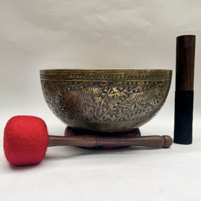 Buddhist Hand Beaten [jambati] Singing Bowl, With [deer And Tiger] Design