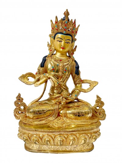 Buddhist Handmade Statue Of Vajrasattva, [full Gold Plated, Face Painted, Stone Setting]