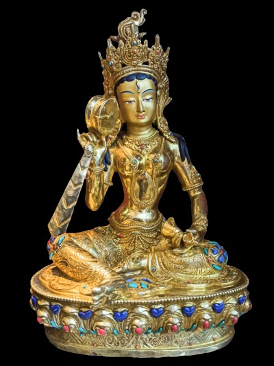 Buddhist Handmade Statue Of Machig Labdron, [damaru Yogini], [full Gold Plated, Stone Setting, Face Painted]