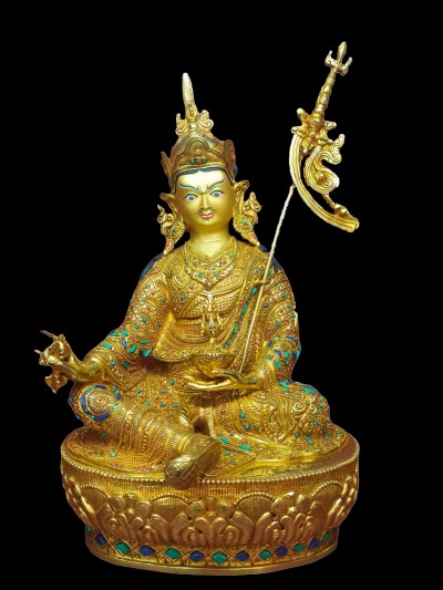 Buddhist Handmade Statue Of Padmasambhava, [full Gold Plated, Stone Setting, Face Painted]