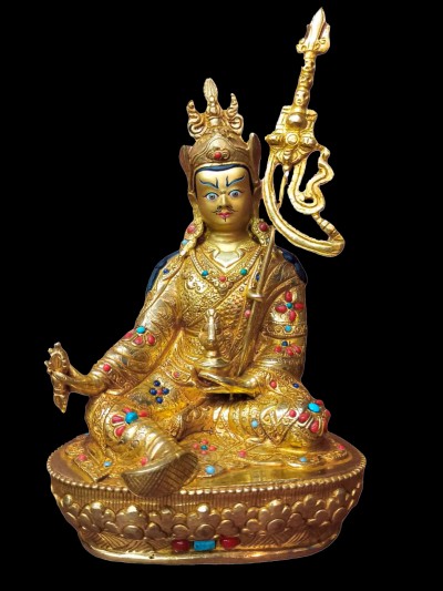Buddhist Handmade Statue Of Padmasambhava, [full Gold Plated, Stone Setting, Face Painted]