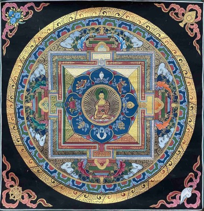 Buddhist Hand Painting Of Mandala With Shakyamuni Buddha At Center, [hand Painted]