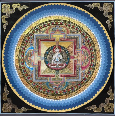 Buddhist Hand Painting Of Mandala With White Tara At Center, [hand Painted]