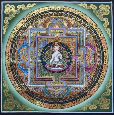 Buddhist Hand Painting Of Mandala With White Tara At Center, [hand Painted]