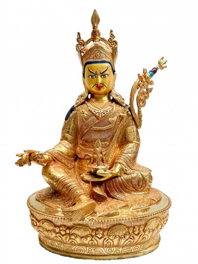 Buddhist Handmade Statue Of Padmasambhava, [full Fire Gold Plated, Face Painted]
