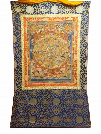 Buddhist Hand Painting Thangka Of Wheel Of Life, With Brocade, [hand Painted]