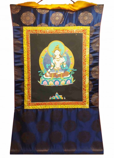 Buddhist Hand Painting Thangka Of White Tara, With Brocade, [hand Painted]