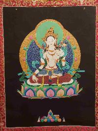 Buddhist Hand Painting Thangka Of White Tara, With Brocade, [hand Painted]