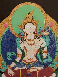 Buddhist Hand Painting Thangka Of White Tara, With Brocade, [hand Painted]