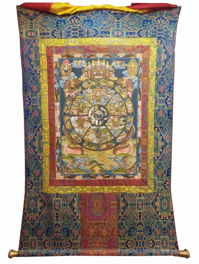 Buddhist Hand Painting Thangka Of Wheel Of Life, With Brocade, [hand Painted]