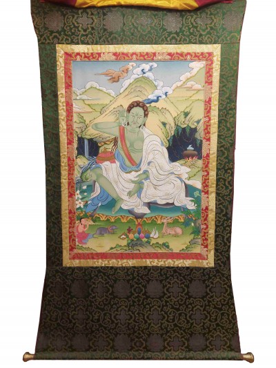 Buddhist Hand Painting Thangka Of Milarepa, With Brocade, [hand Painted]