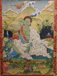 Buddhist Hand Painting Thangka Of Milarepa, With Brocade, [hand Painted]