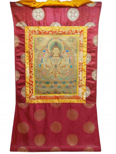 [24k Gold], Buddhist Hand Painting Thangka Of Aparimita, Amitayus, With Brocade, [hand Painted, Chepame